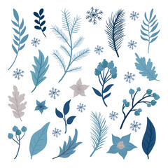 Kerst bloemen element set, trendy met marineblauwe kleur, geïsoleerd op een witte achtergrond