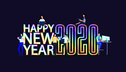 Happy new year 2020 text- Fireworks Colorful - background Vector illustration.