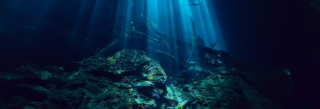 Underwater Cave Stalactites Landscape, Cave Diving, Yucatan Mexico, View In Cenote Under Water