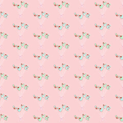 Seamless pattern from painted gingerbread in shape of word love as balloons connected by ribbon on pink background.
