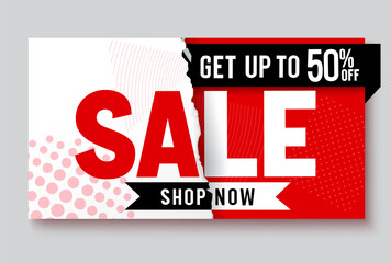 Sale vector banner design. Sale get up to 50% off text in white and red background for shopping discount promotion ad. Vector illustration.
