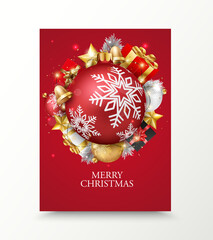 Merry christmas and happy new year banner with red and gold balls and confetti