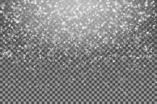 Snowfall. A lot of snow on a transparent background. Christmas winter background. Snowflakes falling from the sky.
