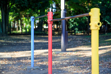 秋の公園で緑葉と紅葉と枯れ葉と遊具
