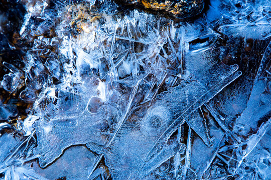Patterns in ice of a frozen stream in the Swiss Alps