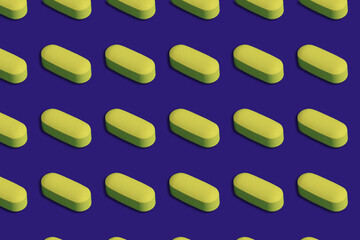 Yellow pills seamless pattern on purple background.	