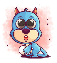 hand drawn cute blue monster holding ball illustration