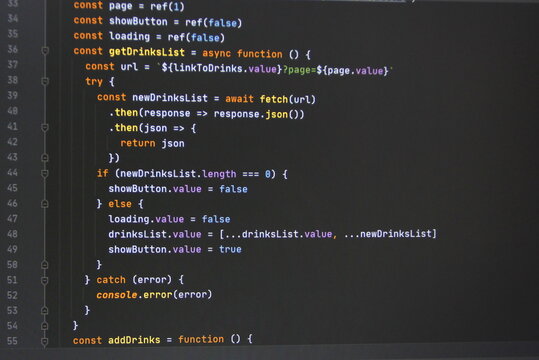 The program javascript code on the computer black screen. The concept of website, internet, cyber security, hacking and software