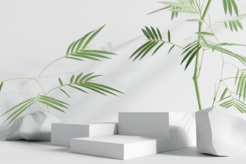 White marble product display podium with bamboo nature leaves. 3D render