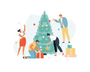 Colleagues people decorating the Christmas tree. New year corporate party vector illustration