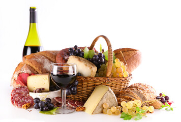 red wine, cheese and bread on white background