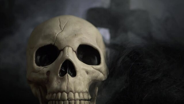 Human skull on smoking creepy background medium shot