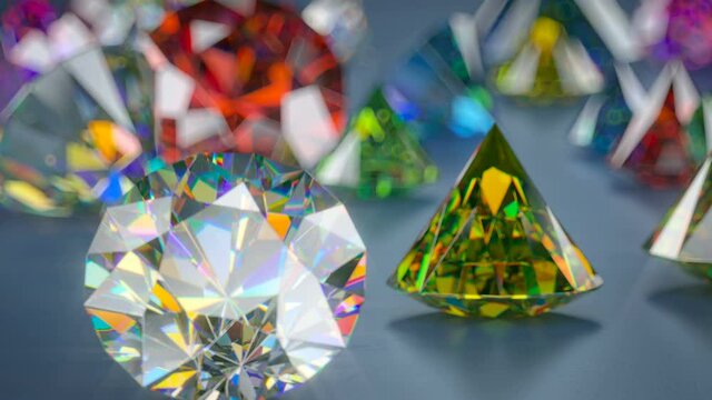 Colorful brilliant diamonds. Scattered luxury gemstones. 3D render animation