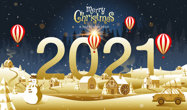 Merry Christmas, happy new year, calligraphy, Golden ,Landscape fantasy , vector illustration.