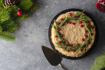 Napoleon cake on a gray background. Christmas cake. Top view. Copy space