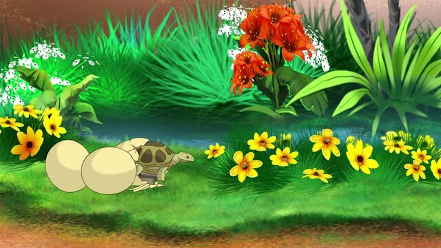 Little baby turtle hatches from an egg