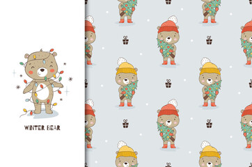 Cartoon teddy bear in Christmas decoration garlands. Card and seamless background pattern. Hand drawn surface design vector illustration.