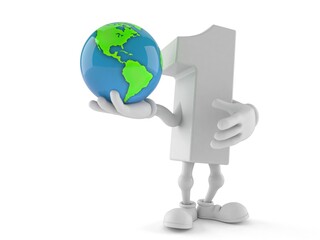 Number one character holding world globe