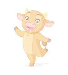 Happy cute cow standing on one leg. Vector cartoon character on white background.