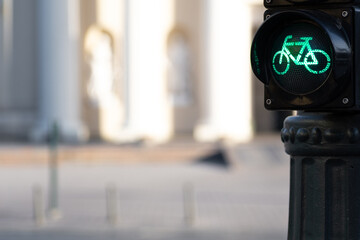Sustainable transport. Bicycle traffic signal, green light, road bike, free bike zone or area, bike...
