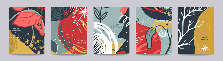 Vector collection of trendy creative Christmas cards with winter floral elements and abstract forms