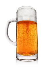 Mug of light yellow beer isolated on white. Wide angle shot.