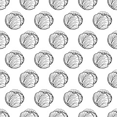 Seamless pattern with hand drawn vegetables elements cabbage. Vegetarian wallpaper. For design packaging, textile, background, design postcards and posters