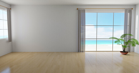 Room interior with plant on the beach outside the window, 3d illustration