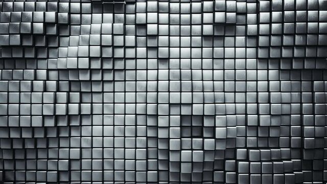 Gray geometric background with metallic cubes. 3D render seamless loop animation