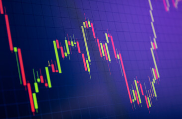 Tilted Red and Green Stock Chart or Forex Chart and Table Line on Black Background in Purple Tone