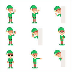 Christmas elf santa claus helper in different poses and actions characters icons set flat design vector illustration