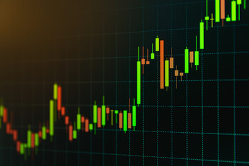 Continuous Bullish Trend Red and Green Stock Chart or Forex Chart and Table Line on Black Background in Orange Tone
