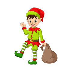 Cartoon happy Christmas elf with bag