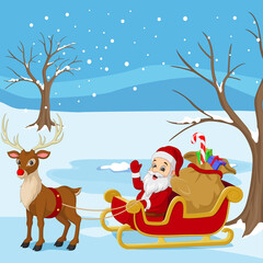 Cartoon Santa Claus rides in sleigh carrying a sack of gifts with reindeer 