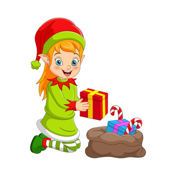 Cartoon Christmas elf with bag of gifts