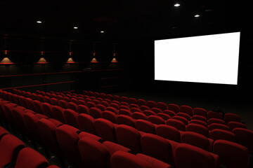 Empty cinema hall with red seats. Movie theatre - obrazy, fototapety, plakaty