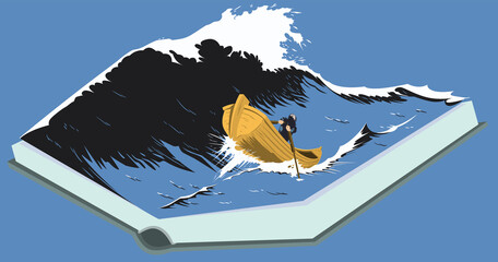 Time to read. Man in boat in middle of raging sea. Picture concept for web page design.