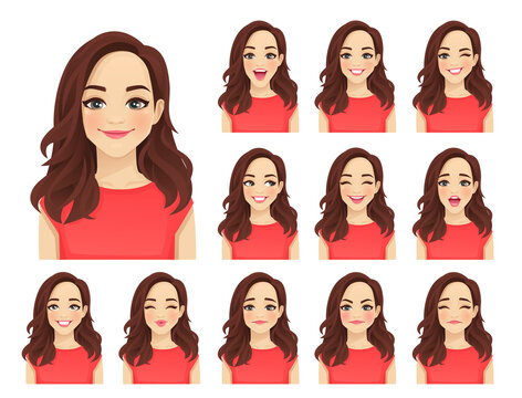 Young Beautiful Woman With Different Facial Expressions Set Isolated Vector Illustration