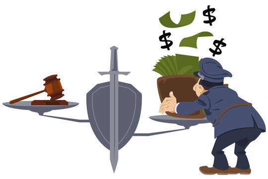 police officer balancing money, gavel, sword clip art preview