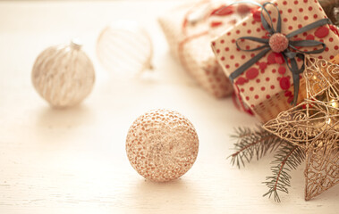 Festive background with christmas balls and gift boxes. Christmas and new year holiday concept.