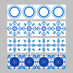 Set of azulejos portuguese traditional ornamental tile borders, blue and white pattern