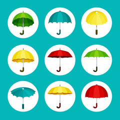 Colored umbrellas set. Convenient green protection rain and sun yellow meteorological instrument from bad weather domed and flat structure rescue damp cataclysms with good mood. Comfortable vector.