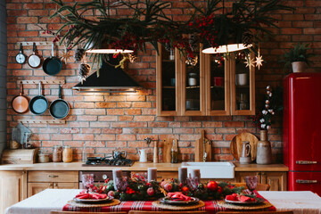 kitchen with table set decorated for Christmas dinner