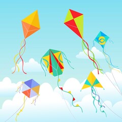 Fototapeta na wymiar Kites soaring in clouds illustration. Beautiful geometric devices made of paper and cardboard swirling in air green tracery with red squares blue rhombuses colored stripes bows. Vector cartoon art.