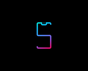 Abstract rainbow gradient letter S vector logo icon design template. Creative universal smartphone gadget device solid symbol sign logotype on black background.