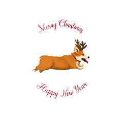 Fototapeta na wymiar Vector illustration Merry Christmas and Happy new year card with a corgi dog with horns runs fast in cartoon style. Christmas sticker with snow or print on a mug or card with a corgi