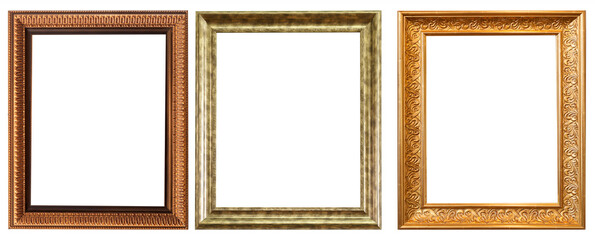 Set of gilded antique picture frames isolated on white background.