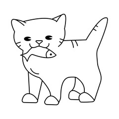 A cat with a fish in its mouth. Vector outline illustration.