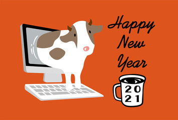 2021年賀状　パソコンから牛が飛び出す