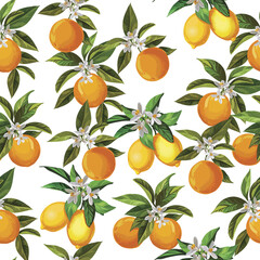 Seamless citrus pattern.Hand drawn vector illustration with lemons and oranges.Template for print, textile,wallpaper cover and box design.